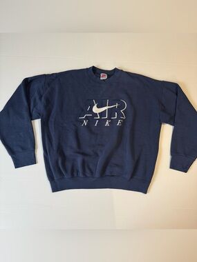 Vintage Nike Air Sweatshirt L Navy Blue Crewneck Embroidered Big Logo 90s Flaw